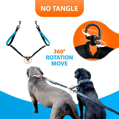 Tangle Free Double Dog Leash for Medium & Large Breeds 360° Swivel No-Tangle Design with Padded Handles Reflective Stitches 16 f