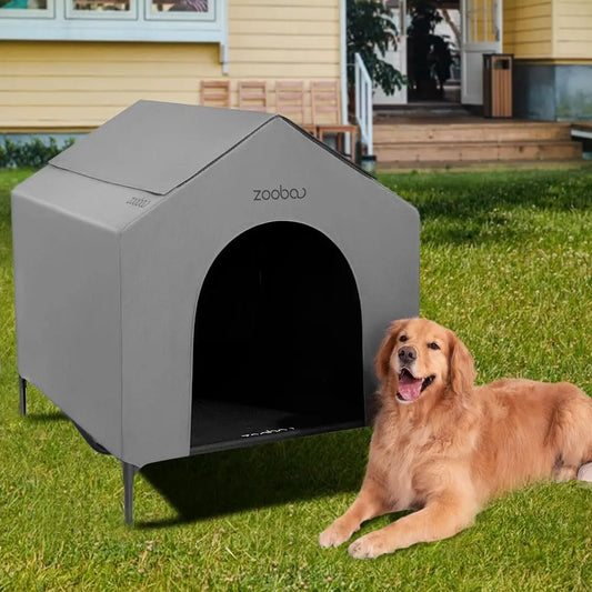 Outdoor Doghouse for Large Breeds, Weatherproof PVC Canopy, Elevated Bed, Durable Kennel